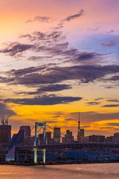 Aerial view of Tokyo skylines with Rainbow bridge and tokyo tower over Tokyo bay Sunset Twilight from Odaiba in Tokyo city Kanto Japan.