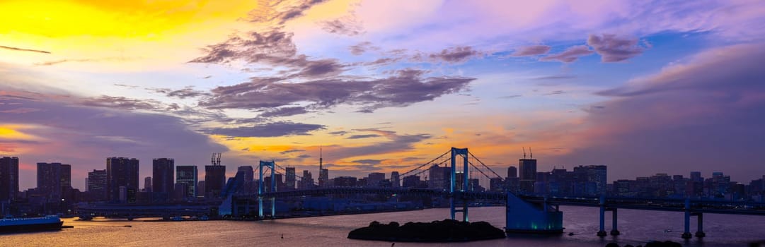 Panorama Aerial view of Tokyo skylines with Rainbow bridge and tokyo tower over Tokyo bay Sunset Twilight from Odaiba in Tokyo city Kanto Japan.