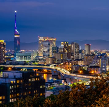 Fukuoka tower sunset twilight with downtown cityscape in Fukuoka city Kyushu South of Japan