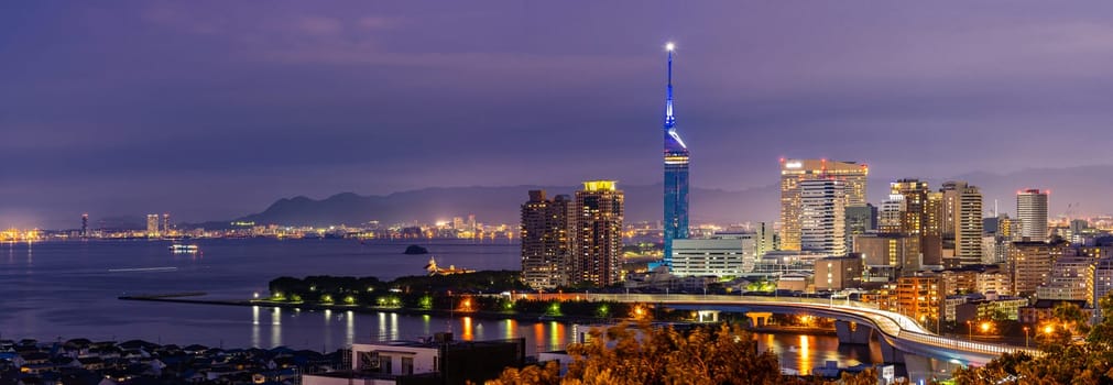 Panorama Fukuoka tower sunset twilight with downtown cityscape in Fukuoka city Kyushu South of Japan