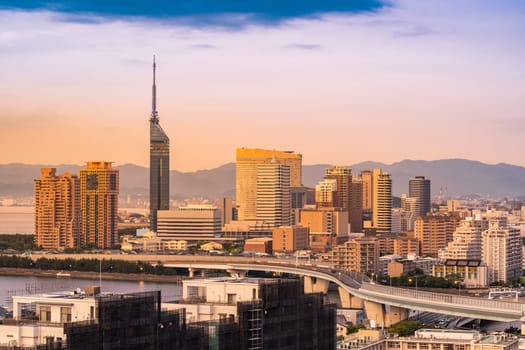 Fukuoka tower sunset twilight with downtown cityscape in Fukuoka city Kyushu South of Japan