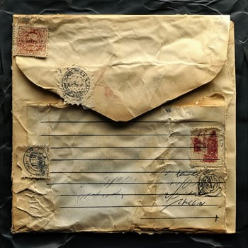 A weathered envelope made to look old features several postage stamps and faintly visible handwriting. The paper is crumpled, suggesting age and use, evoking nostalgia.