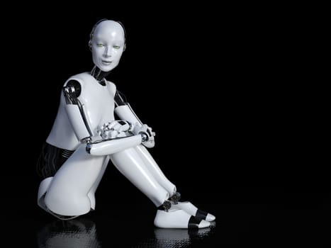 3D rendering of a female robot sitting on the floor and smiling. Black background with copyspace.