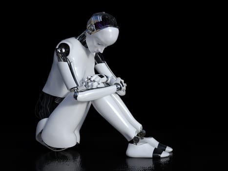3D rendering of a female robot sitting in solitude on the floor and looking sad or depressed. Black background.