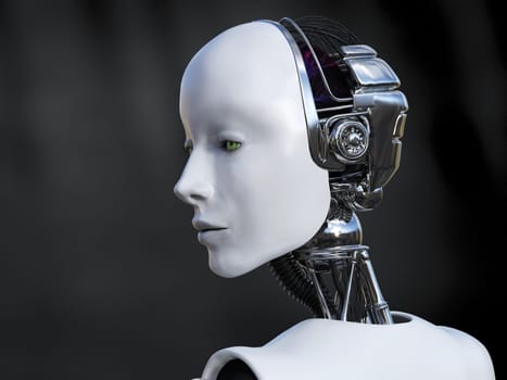 3D rendering head portrait of a female robot looking sad or serious. Dark background.