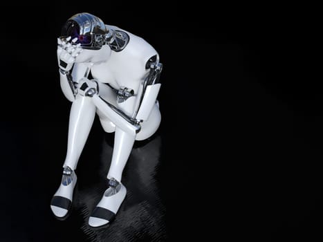 3D rendering of a female robot sitting in solitude on the floor and looking sad or depressed. Black background with copyspace.