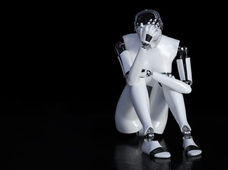 3D rendering of a female robot sitting in solitude on the floor and looking sad or depressed. Black background with copyspace.