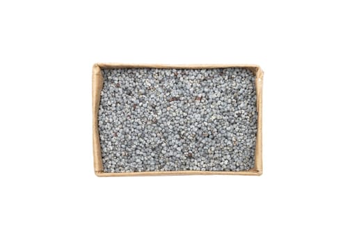Poppy seeds in carton on white background