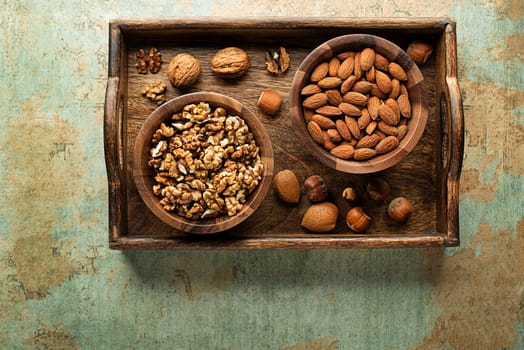 Assortment of mixed nuts. Hazelnuts, walnuts and almonds