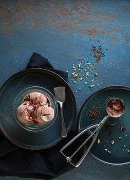 Homemade Organic chocolate  Ice Cream scoops in a plate close up
