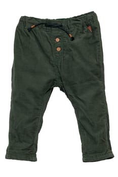 Kids pants isolated. Close-up of a stylish fashionable dark green corduroy trousers with ribbon bow for the little boy. Childrens sporty trousers. Macro.
