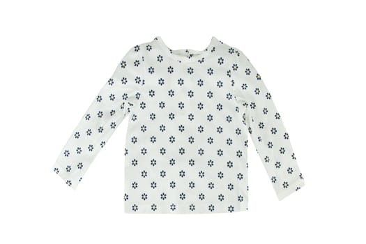 Kids shirt isolated. A beautiful white t-shirt with daisy pattern isolated on a white background. Children fashion. Nobody.