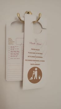 October 15 2024 Prague Czech Republic Europe Room service sign clean room simbol logo door handle white . High quality photo
