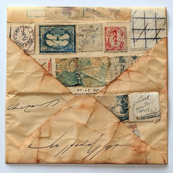 An artistic representation of a weathered envelope featuring an array of vintage stamps and handwritten notes, reflecting rich postal history and timeworn charm.