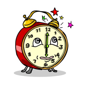 Cartoon style illustration of a traditional vintage mechanical spring-driven alarm clock setting off ringing alarm and waking up on isolated white background.