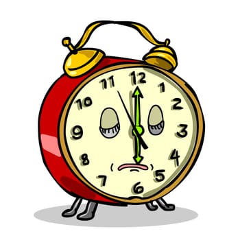 Cartoon style illustration of a vintage bell-style alarm clock character asleep or sleeping with hour hand at six o'clock on isolated background.