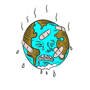 Doodle art illustration of sad mother earth with patches and bandages feeling hot, sweating and crying  done in drawing sketch style.