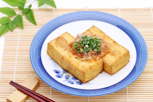 Japanese food, Age tofu cuisine on bamboo table