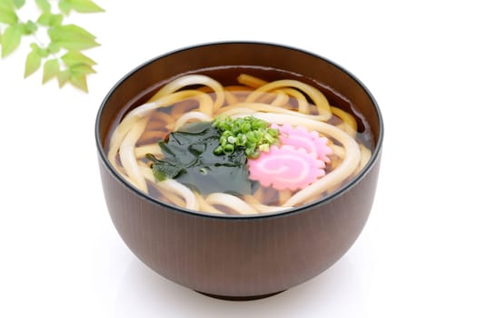 Japanese Kake udon noodles in a bowl on white background