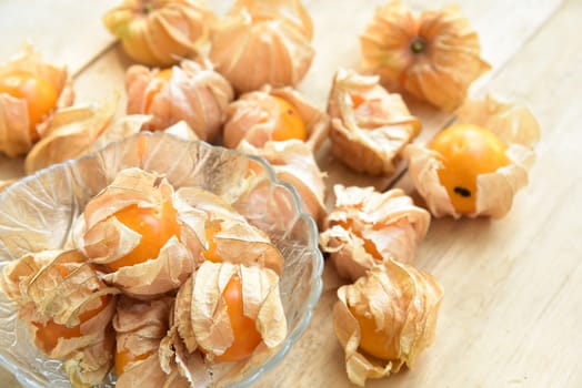 Top view and close up orange organic cape gooseberry fruit