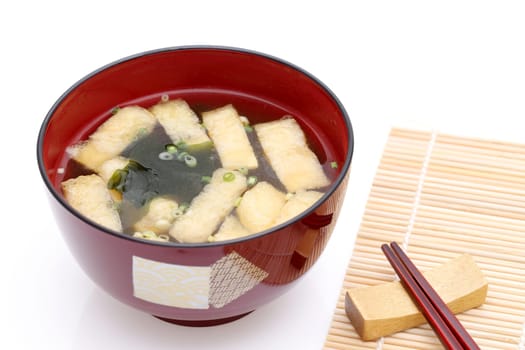 Japanese food, Miso soup of Abura tofu age and Wakame on a bowl