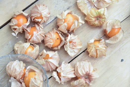 Top view and close up orange organic cape gooseberry fruit
