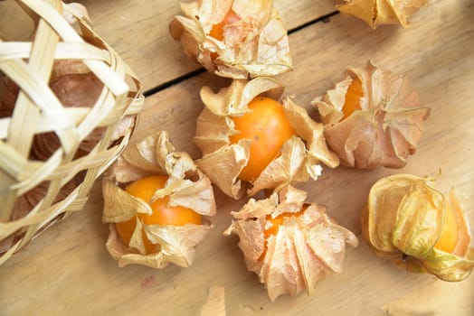 Top view and close up orange organic cape gooseberry fruit