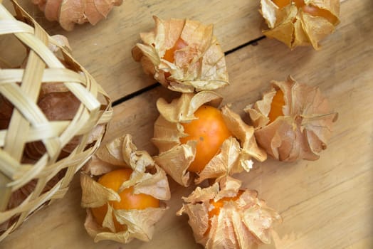 Top view and close up orange organic cape gooseberry fruit