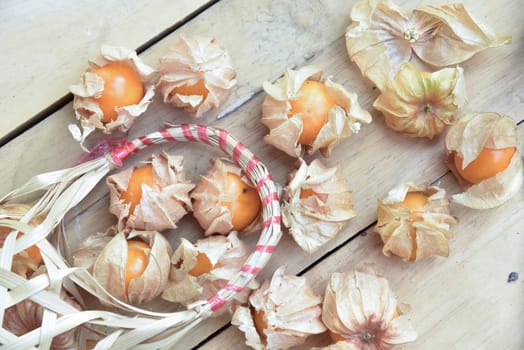 Top view and close up orange organic cape gooseberry fruit