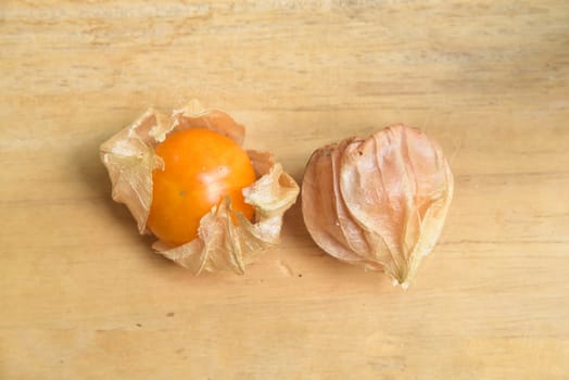 Top view and close up orange organic cape gooseberry fruit