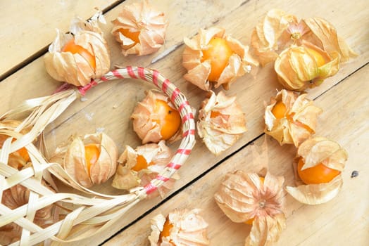 Top view and close up orange organic cape gooseberry fruit