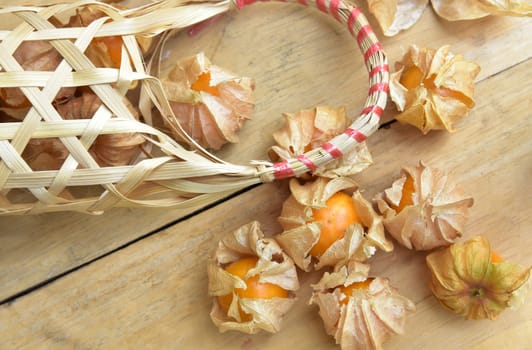 Top view and close up orange organic cape gooseberry fruit