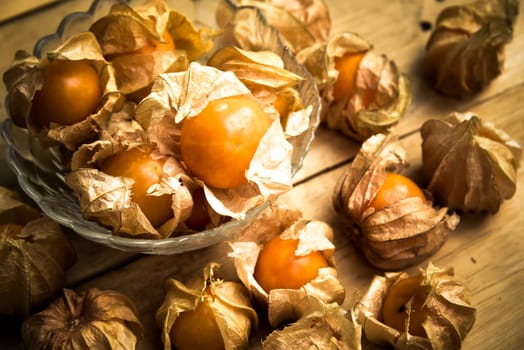 Top view and close up orange organic cape gooseberry fruit