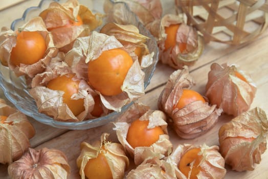 Top view and close up orange organic cape gooseberry fruit