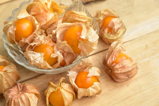 Top view and close up orange organic cape gooseberry fruit