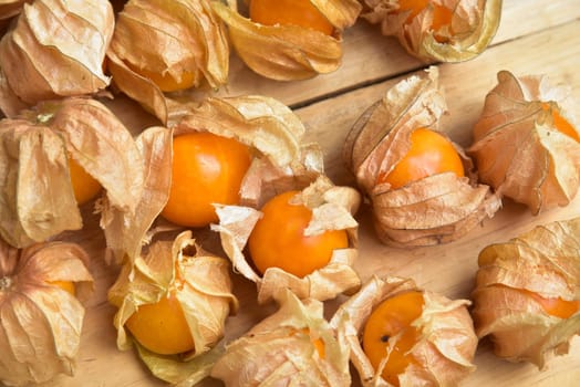 Top view and close up orange organic cape gooseberry fruit