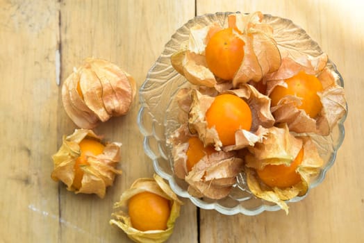 Top view and close up orange organic cape gooseberry fruit