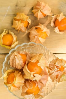 Top view and close up orange organic cape gooseberry fruit