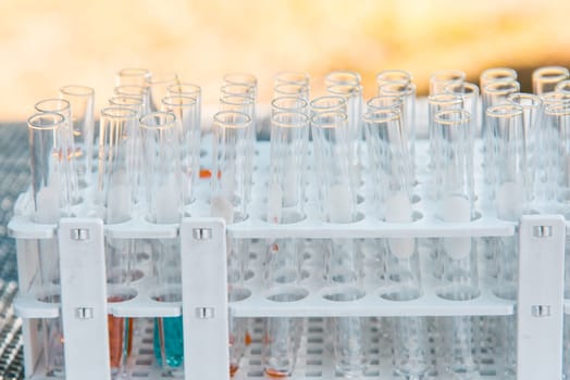 Lab science research glass items adding drop to one of several test tubes. A scientific experiment in a science research Laboratory.