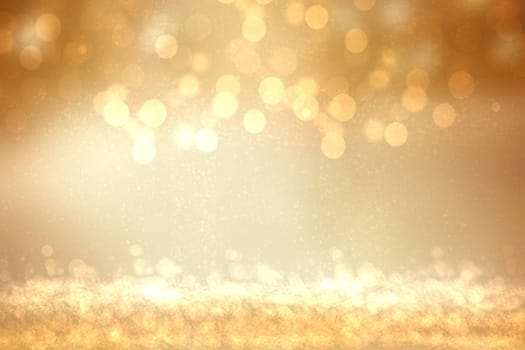 A festive abstract golden yellow gradient background texture with glitter defocused sparkle bokeh circles. Card concept for Happy New Year, party, invitation, valentine or other holidays.