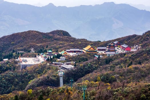 View from above on entire Tianmenshan Temple in the forest on the top of Tianmen Mountain in Zhangjiajie, Hunan, China