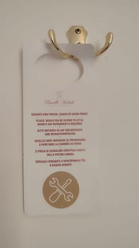 October 15 2024 Prague Czech Republic Europe Room service sign clean room simbol logo door handle bad white paper letter. High quality photo