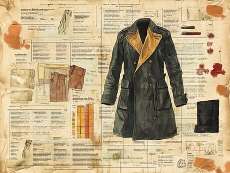 Infographic showcases a vintage outerwear piece, featuring design elements, fabric samples, and construction details for fashion enthusiasts and designers interested in historical styles.