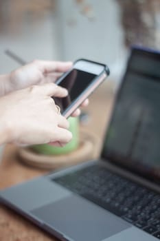 Woman using smart phone in coffee shop, stock photo