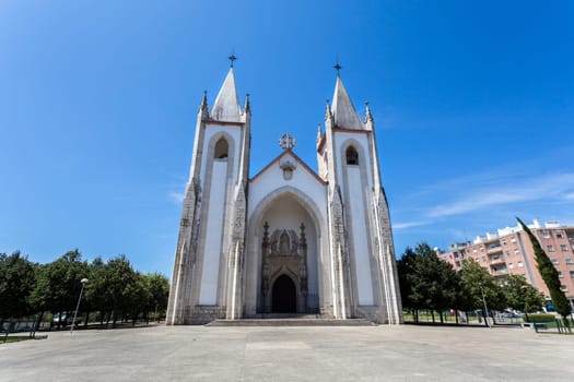 Facade of the Church of the Holy Constable (Saint Nuno Alvares Pereira), built in Gothic Revival architecture in 1951 in Lisbon, Portugal
