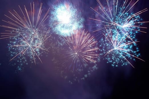 Colorful holiday fireworks on the black sky background.