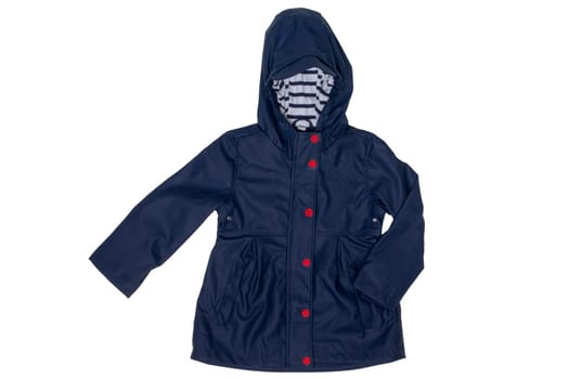 Rain jacket. Close-up of elegant waterproof marine blue zipper windbreaker jacket and hood for girls isolated on a white background. Kids fashion for rain season.