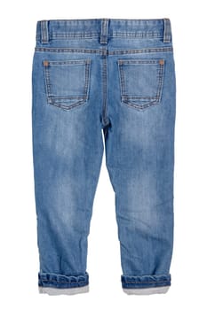 Jeans isolated. Trendy stylish blue denim pant or trousers for child boy with cozy warm lined. Isolated on a white background. Back side view. Thermojeans autumn and winter fashion.