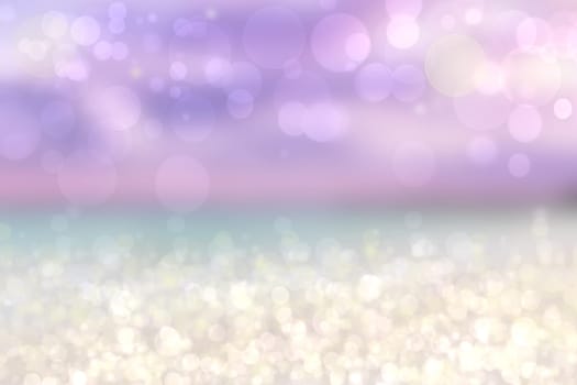 Abstract sunset illustration. Abstract evening or sunset mood background texture with sandy beach and light blue ocean and  pink gradient purple cloudy sky and pastel bokeh lights. Beautiful sunset.