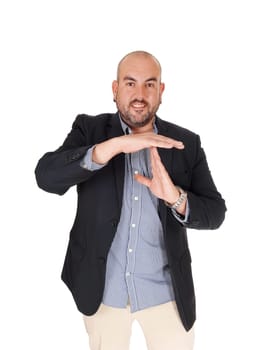 A middle age Hispanic business man standing in a jacket gesturing.that he wants to talk about the problem, isolated for white.background.
